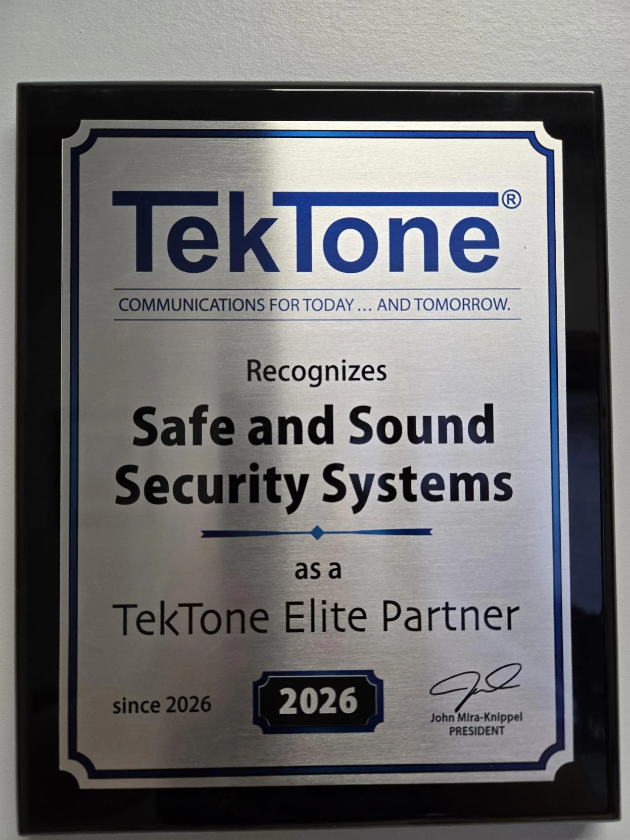 TekTone Elite Partner award recognizing Safe and Sound Security Systems
